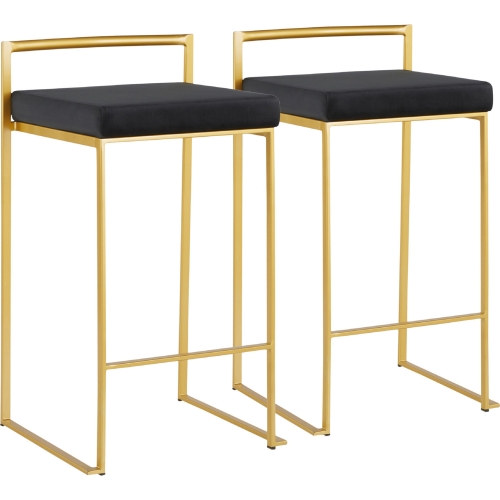 Fuji 26" Counter Stool in Black Velvet & Gold Metal (Set of 2)